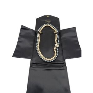 Prestige Faux Pearl Necklace Double Strand Blue Cream Rhinestone Clasp 20"